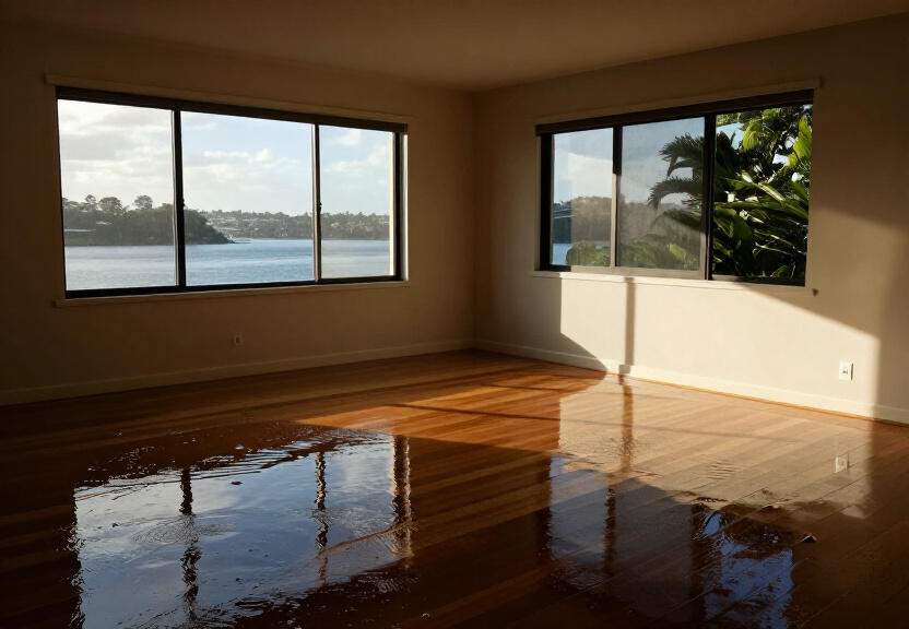 Flooded living room in The Ponds before restoration